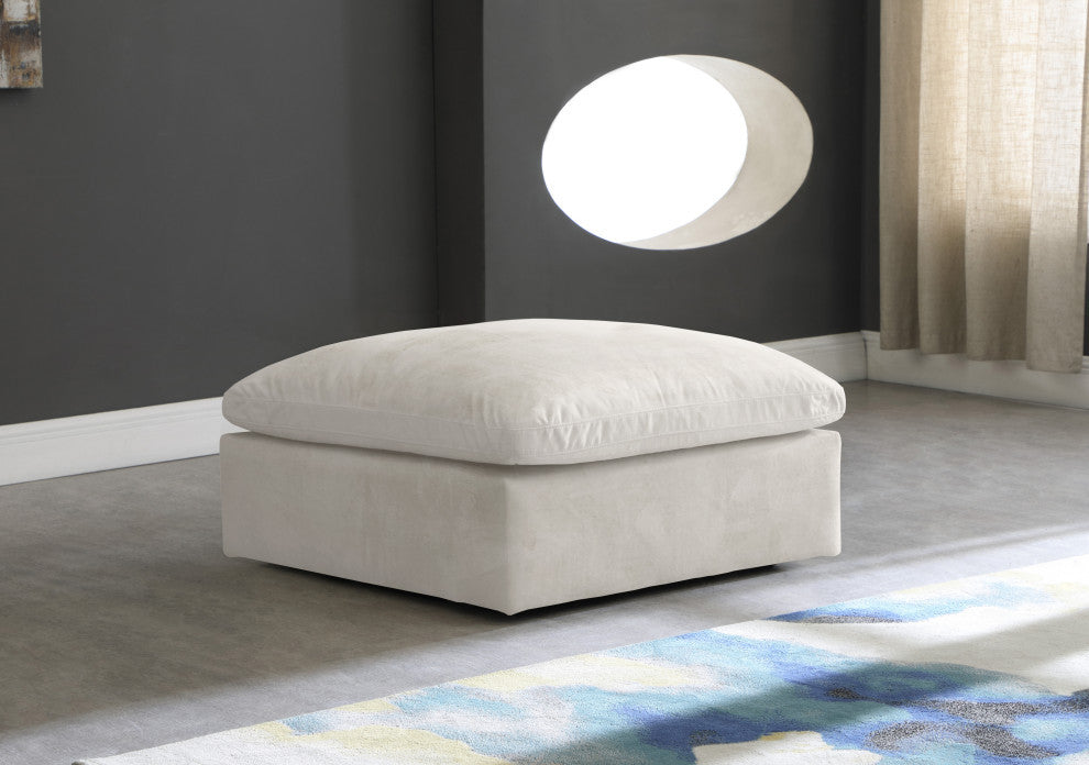 Cozy Velvet Upholstered Overstuffed Ottoman, Cream