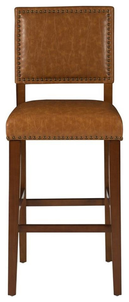 Linon Brook 30" Wood Bar Stool Caramel Faux Leather Nailhead Trim in Walnut