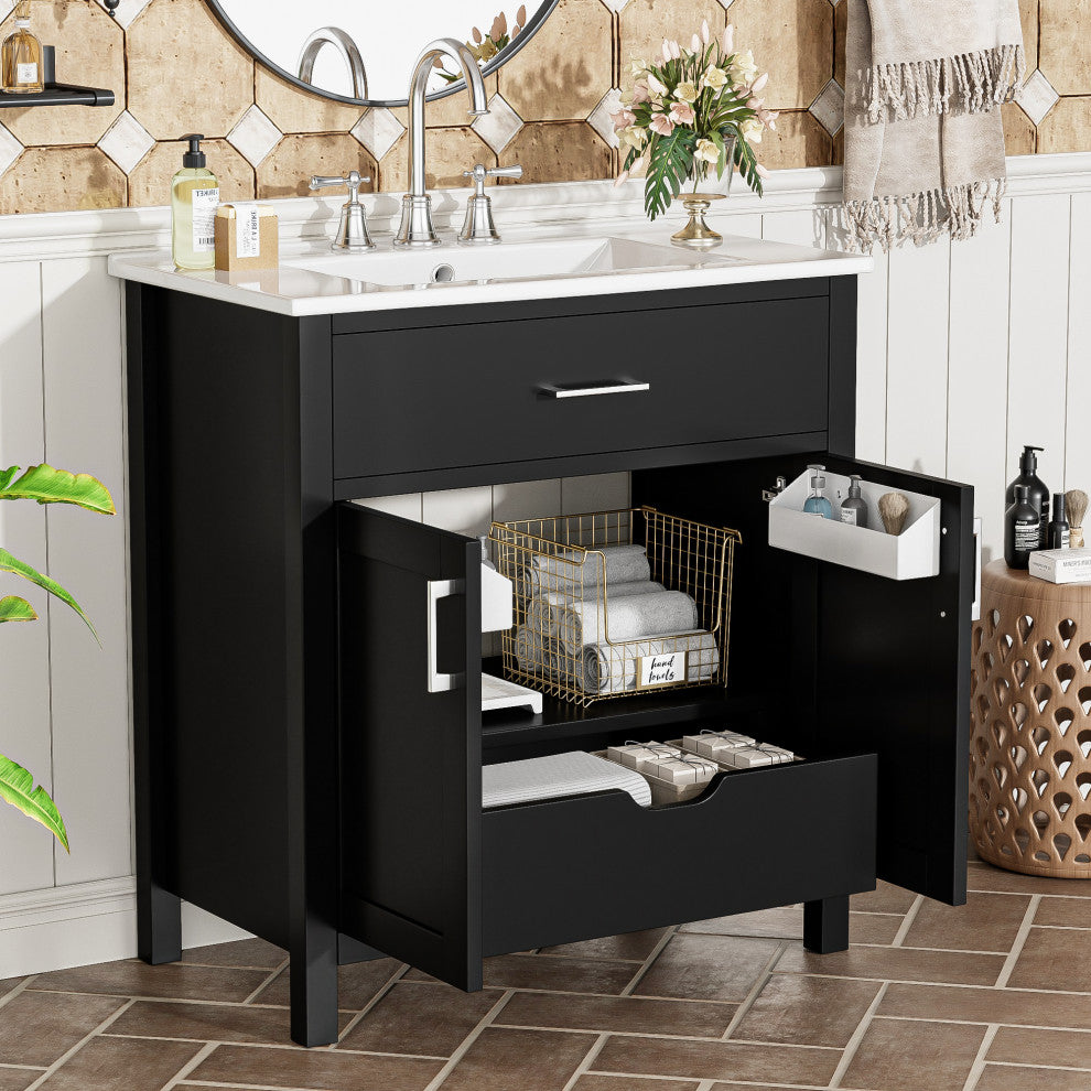 30 Inch Bathroom Vanity with Ceramic Sink and Ample Storage, Black