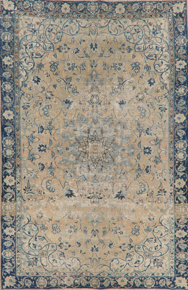 Consigned, Traditional Vintage Distressed Handmade Persian Area Rug, Beige, 6x10