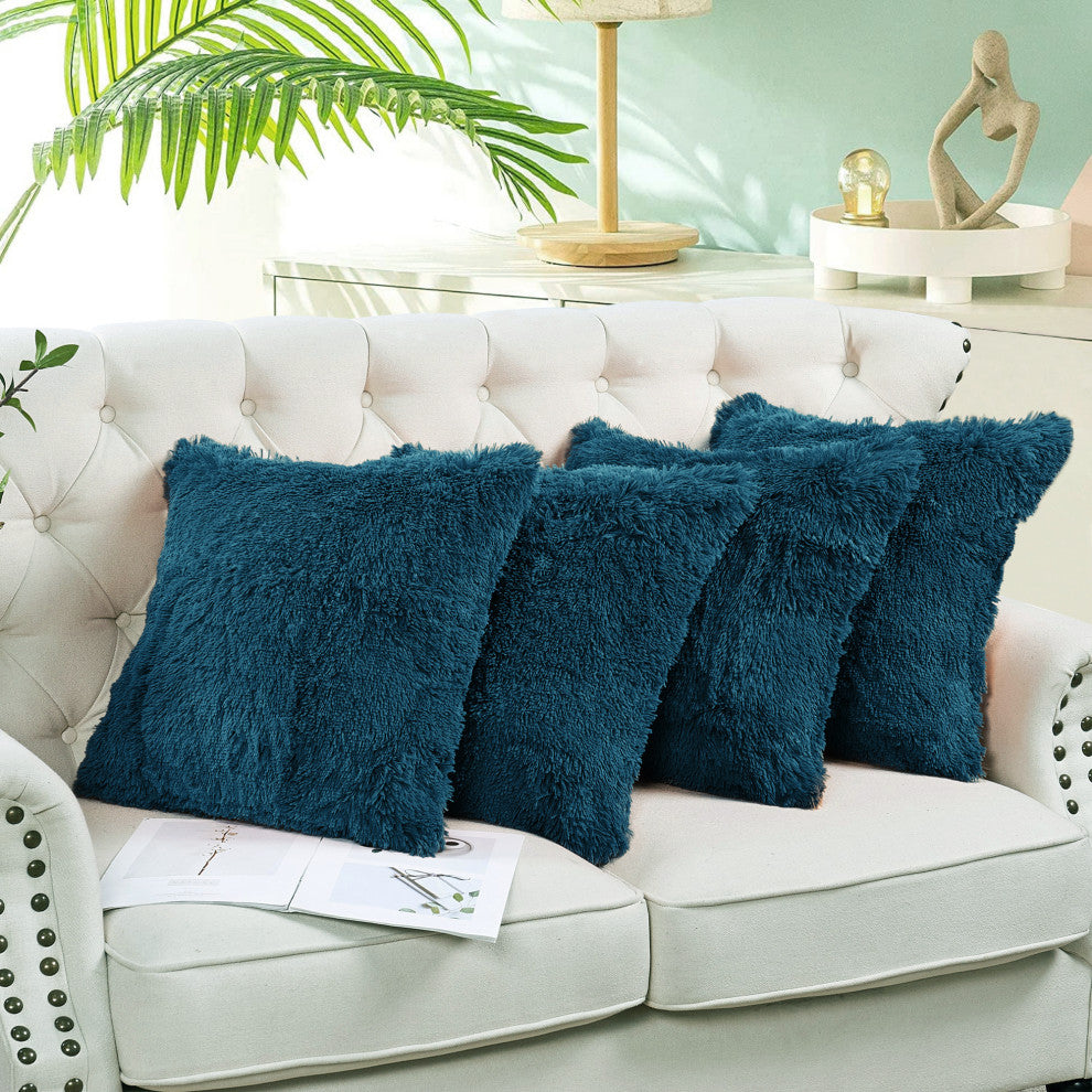 Shaggy Faux Fur Pillow Cover, Teal, Set of 4, 20"x20"