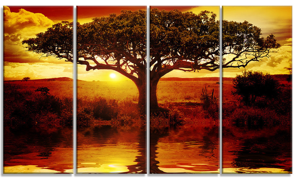 Lonely Tree in African Sunset, African Landscape Canvas Art, 48"x28", 4 Panels