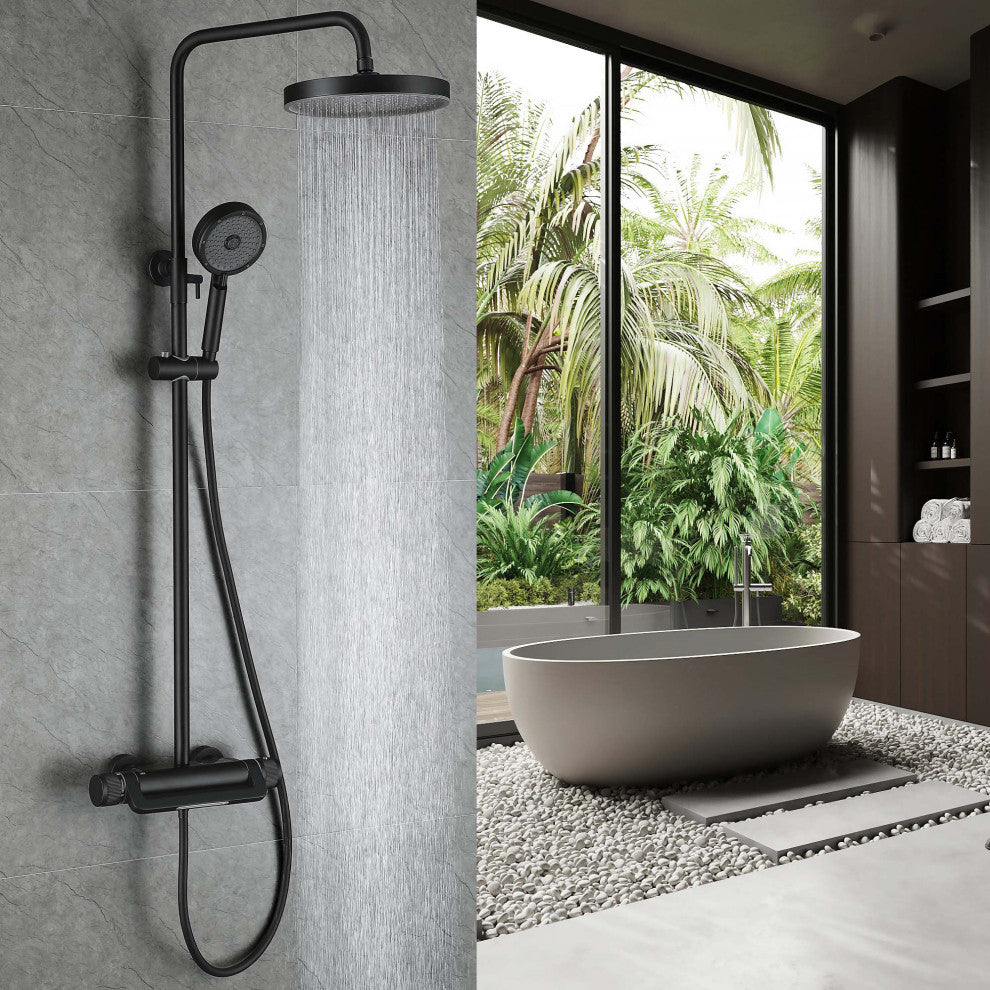 Thermostatic Wall Mounted Shower System with Multi-Function Hand Shower, Matte Black