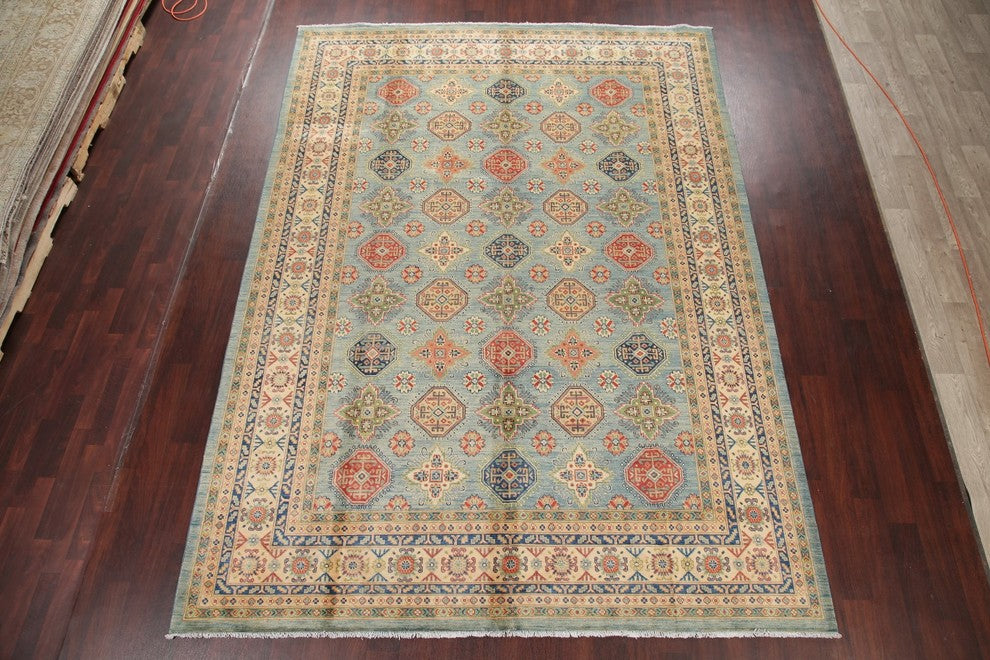 Pakistani Hand-Knotted Oriental Kazak Traditional Area Rug, Blue, 12'0"X8'9"
