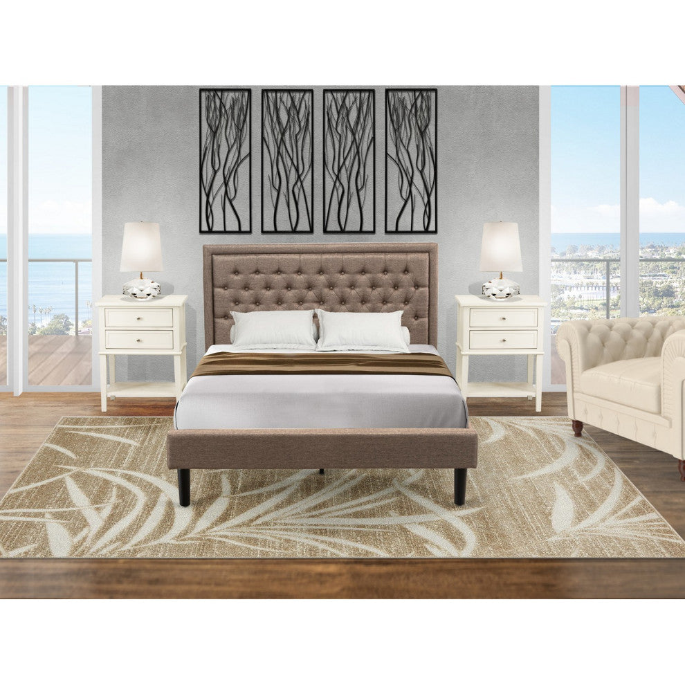 3Pc Queen Bedroom Set, 1 Queen Bed Dark Khaki Padded, 2 Nightstand, Black Legs