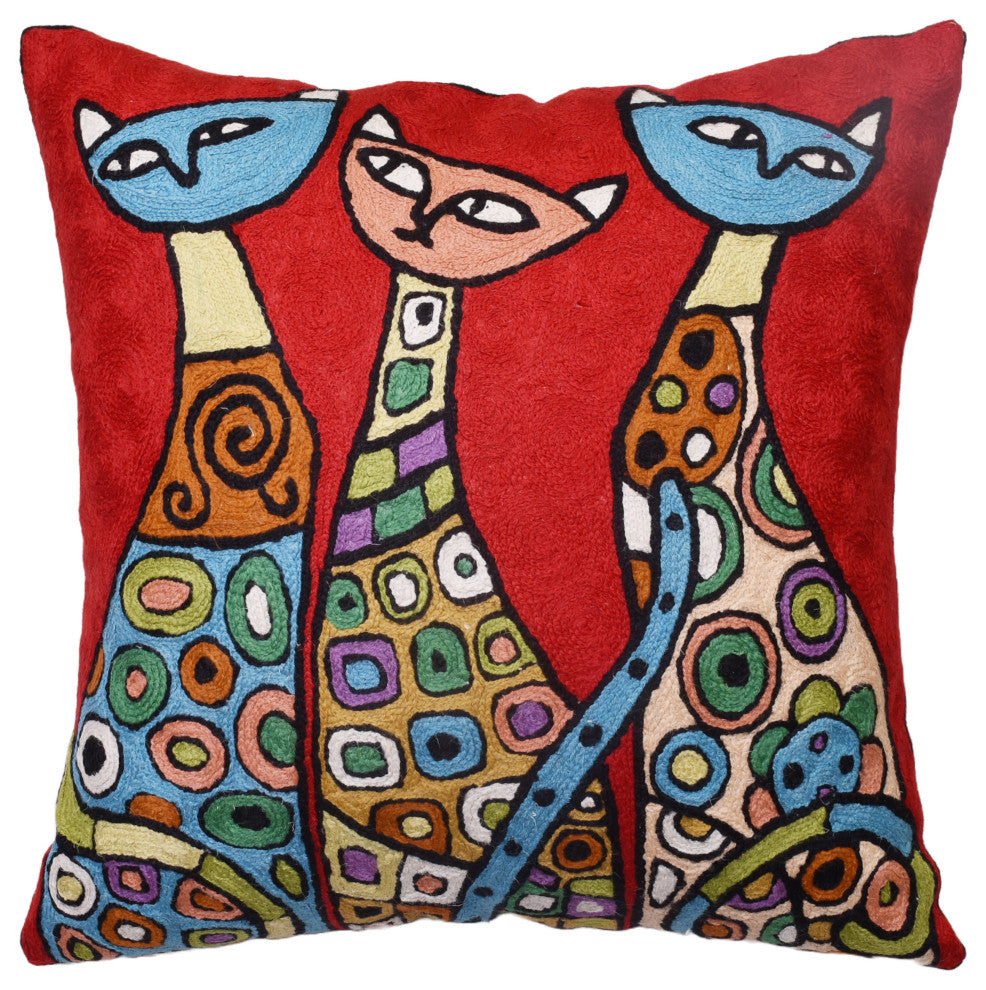 Red Cat Pillow Cover Kitty Face Cushions Wool Hand Embroidered Wool 18x18