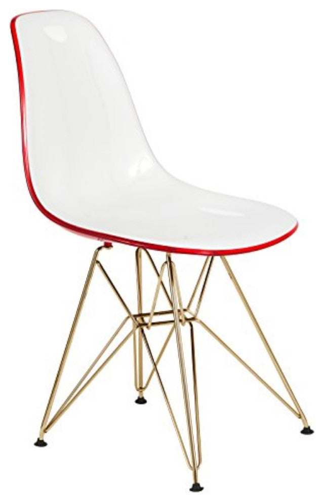 LeisureMod Cresco Molded 2-Tone Eiffel Side Chair With Gold Base White Red