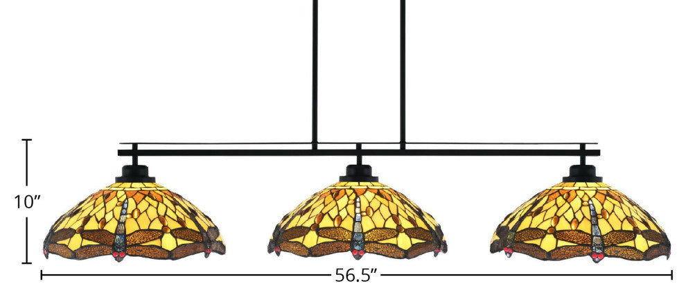 Odyssey 3-Light Island Light With Round Fitter, 16" Amber Dragonfly Art Glass
