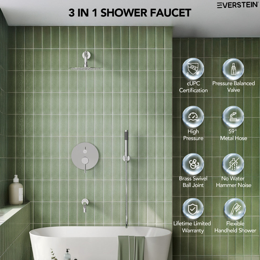 10" Wall Shower System with Tub Shower Faucet Set, Chrome