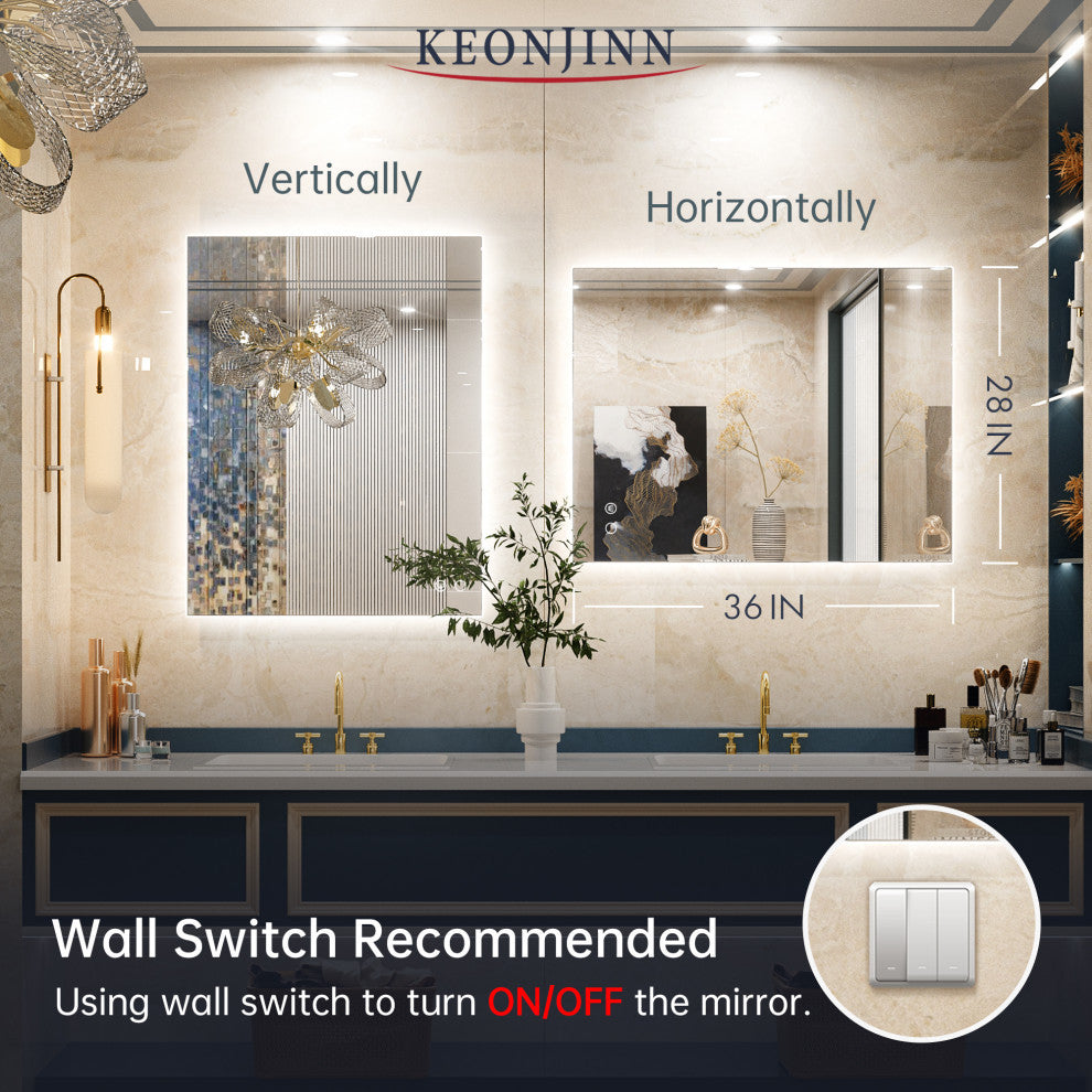 Backlit LED Mirror for Bathroom, Anti-Fog Dimmable, Silver, 36x28