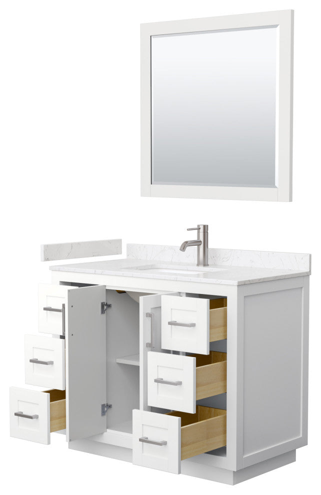 42"SGL Vanity White, Light-Vein Carrara Cult. Top, Sink, Nickel Trim, 34"Mirror
