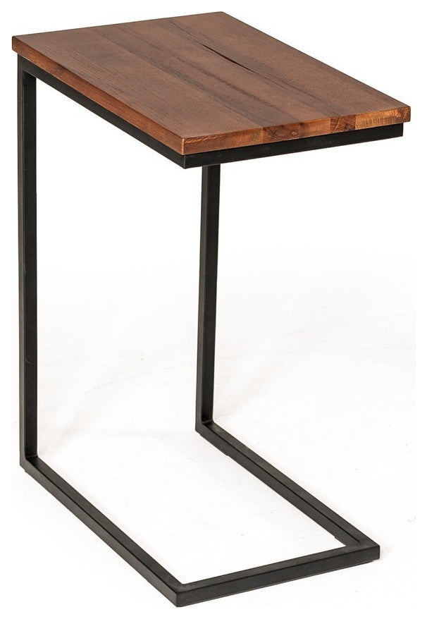 Modern Rustic Brown Aged Oak Wood and Metal C Shape Snack Table