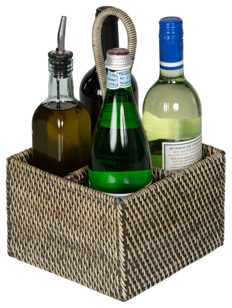 Loma Rattan Bottle and Silverware Caddy, Black-Wash