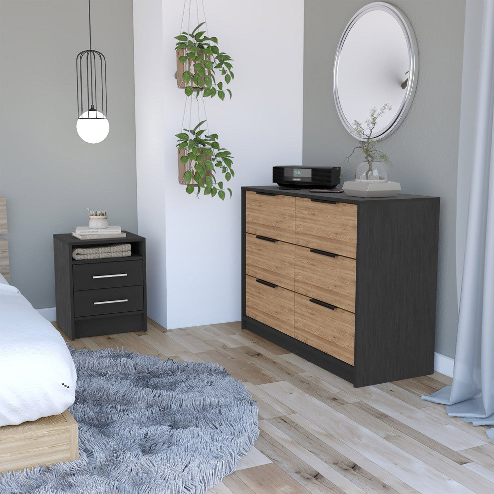 Benson 2-Piece Bedroom Set, Nightstand and Dresser, Black/Light Oak