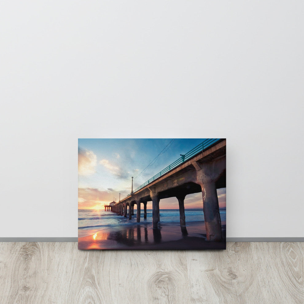 Tranquil Manhattan Beach Pier at Sunset Landscape Photo Canvas Wall Art Print, 12" X 16"