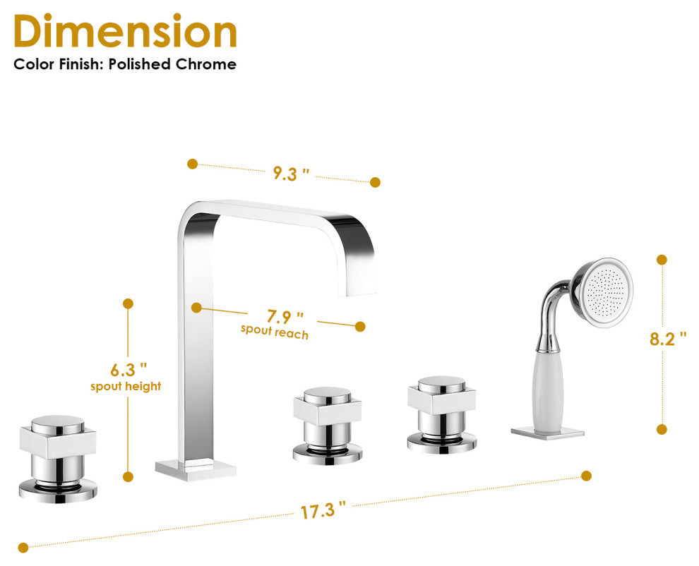 Vikran Triple Handle Deck-Mount Roman Tub Faucet Trim With Handshower, Polished Chome