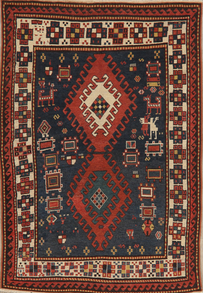 Consigned, Antique Oriental Russian Traditional Hand-Knotted Area Rug, Blue, 4x6