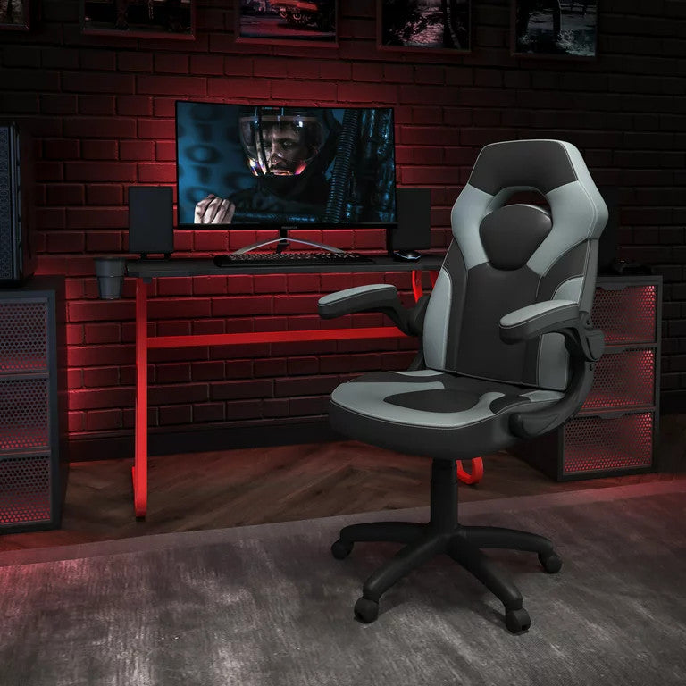 Gaming Desk & Chair Bundle, Detachable Cup Holder & PU Leather Seat, Gray