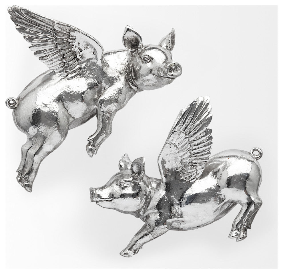 Hogbadi I White Resin Flying Pigs, Set Of 2, Silver