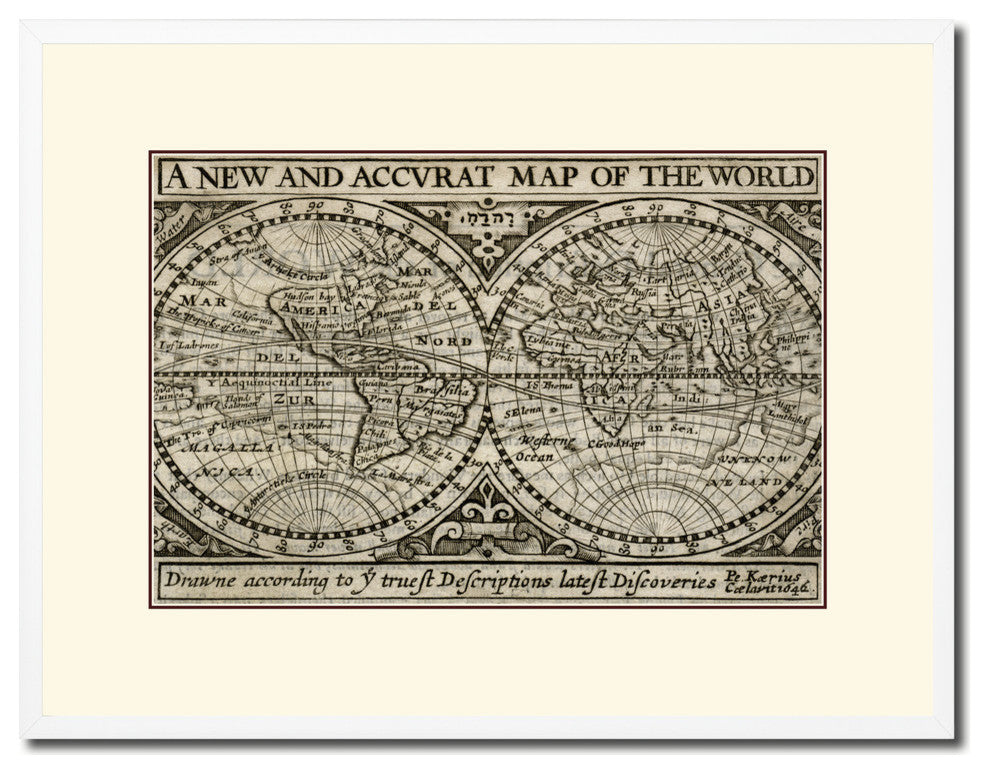 The World Old Map Print On Canvas With Picture Frame Art Collection 16" X 21"