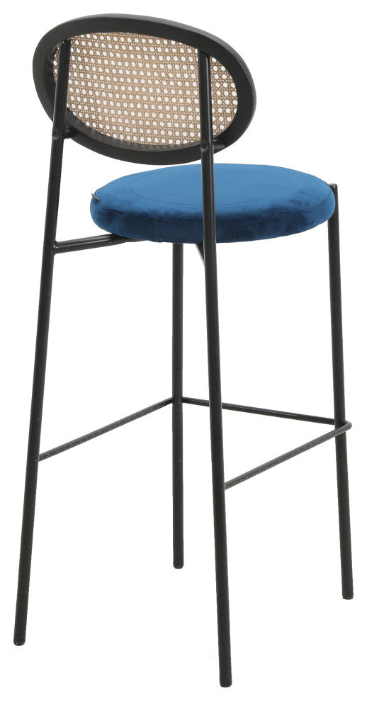 LeisureMod Euston Wicker Bar Stool With Black Steel Frame Set of 2, Navy Blue