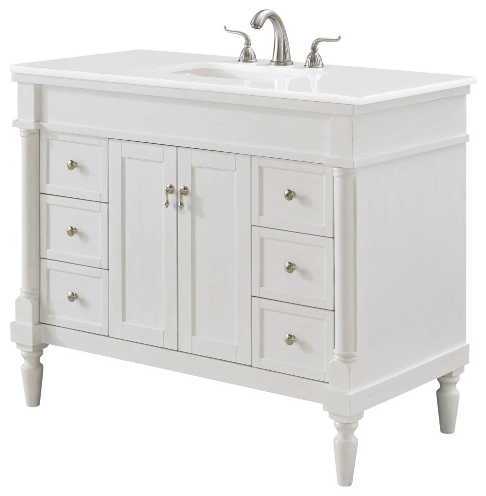 42" Single Bathroom Vanity, Antique White With Ivory White Engineered Marble