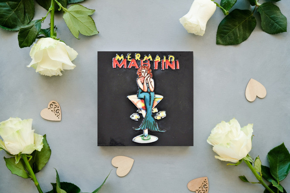 6x6" Mermaid Martini Ceramic Art Tile Hot Plate Trivet and Wall Decor