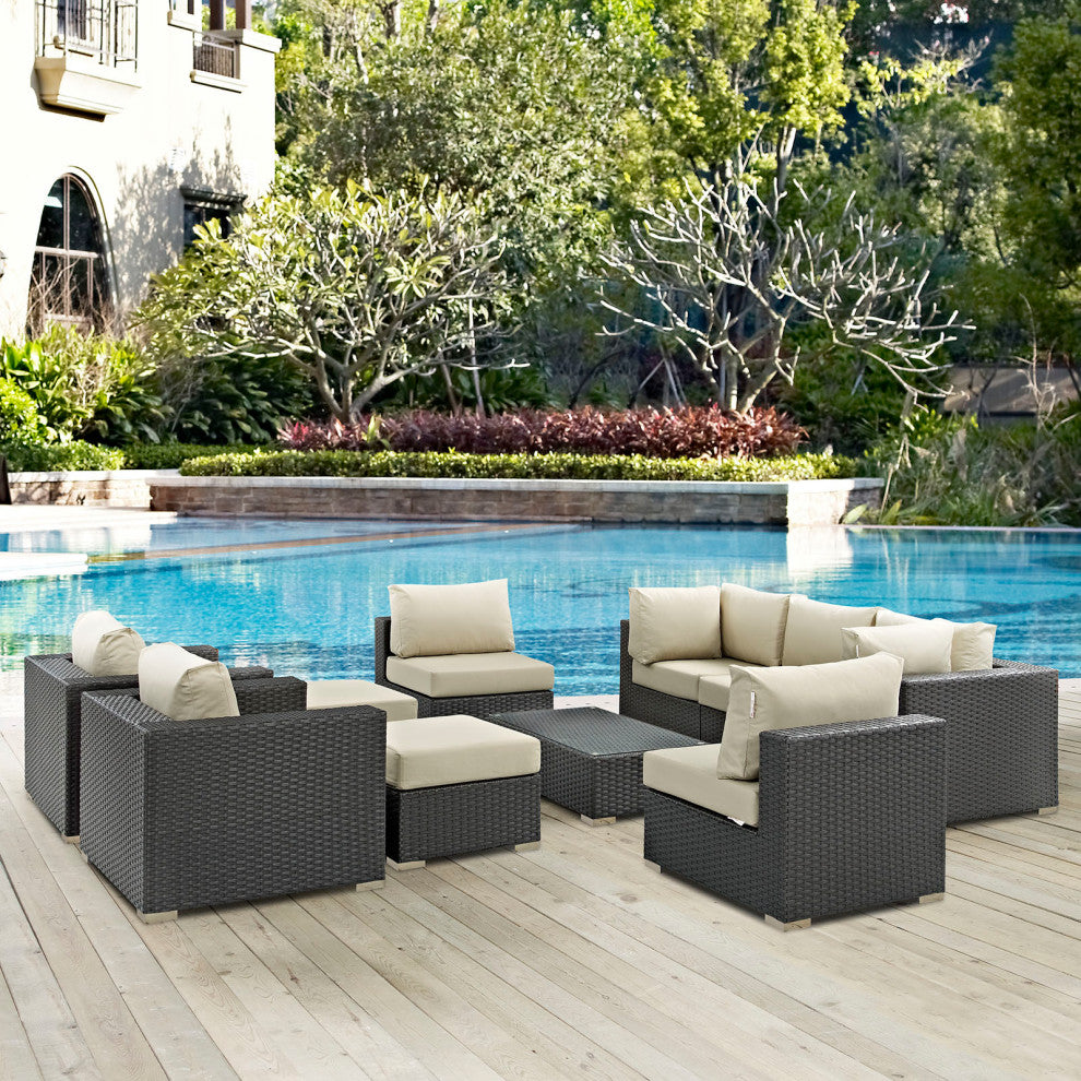 Sojourn 10 Piece Outdoor Patio Sunbrella Sectional Set Canvas Antique Beige