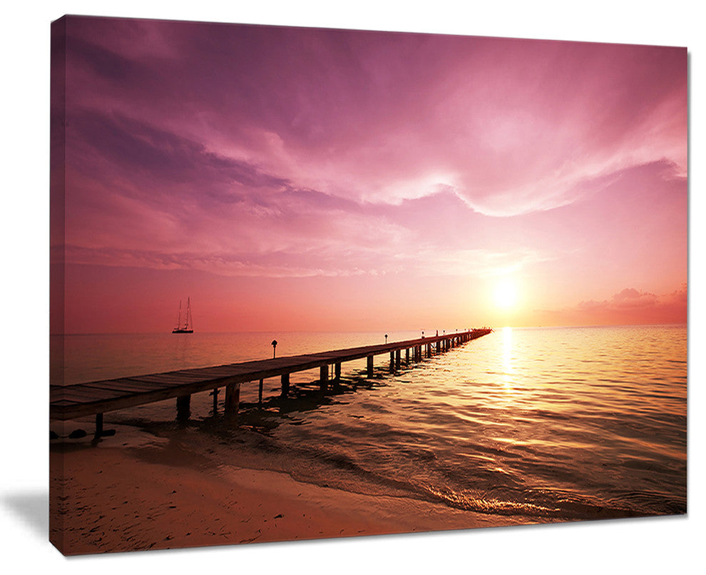 "Long Boardwalk Into Sunset Sea" Large Sea Bridge Canvas Print, 40"x30"
