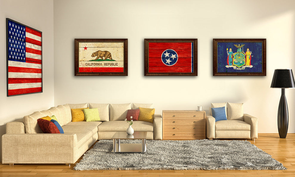 Tennessee State Textured Flag Print With Brown Gold Frame, 19"x27"