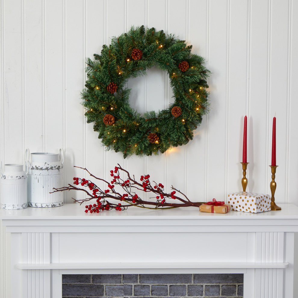 24" White Mountain Pine Faux Christmas Wreath With 35 LED Lights and Pinecones