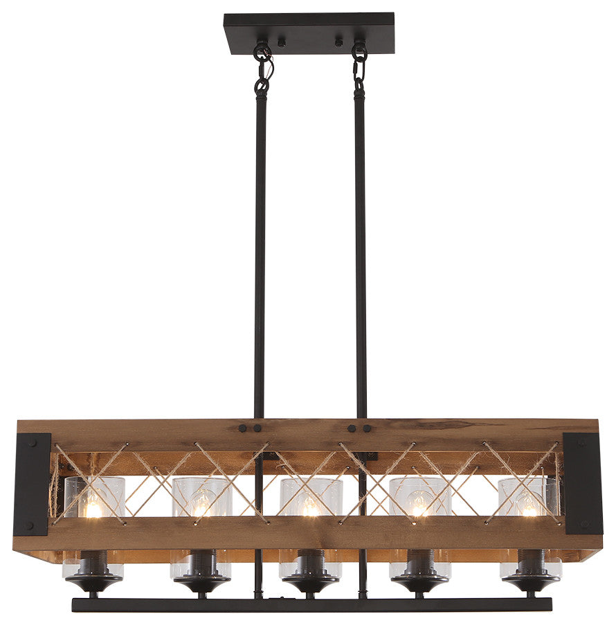 Wooden Farmhouse Rectangular Chandelier, 5 Light
