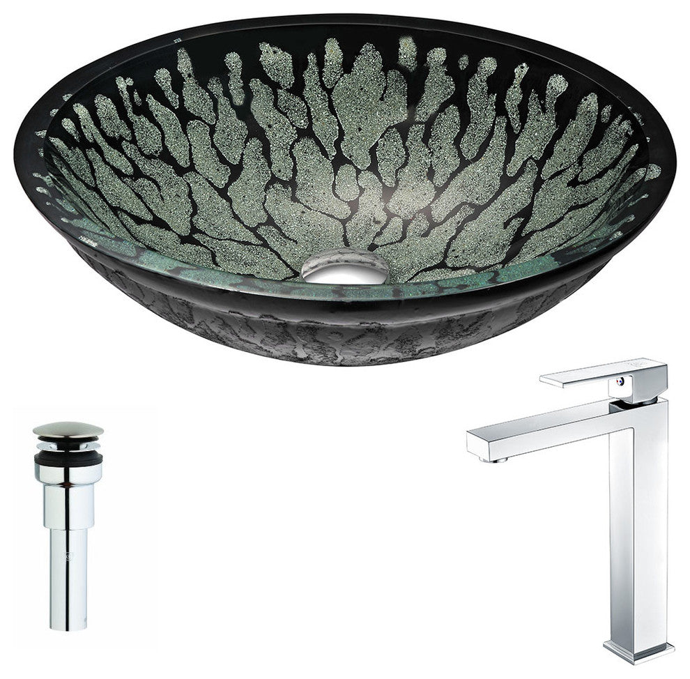 ANZZI Bravo Series Deco-Glass Vessel Sink with Enti Faucet, Polished Chrome