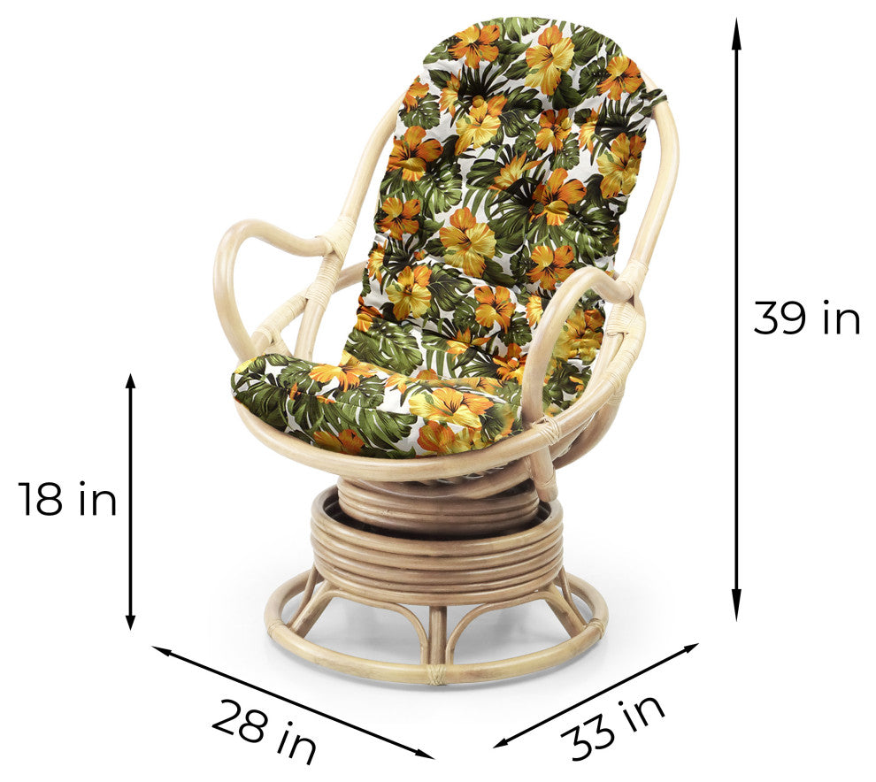 Java Lounge Swivel Rocking Chair Rattan Wicker, White Wash, Floral Cushion