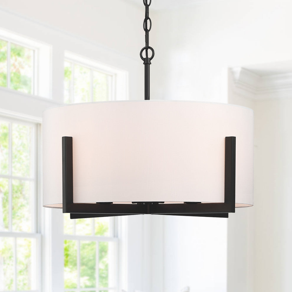 22" W 4-Light Matte Black Chandelier Pendant Light With White Drum Shade