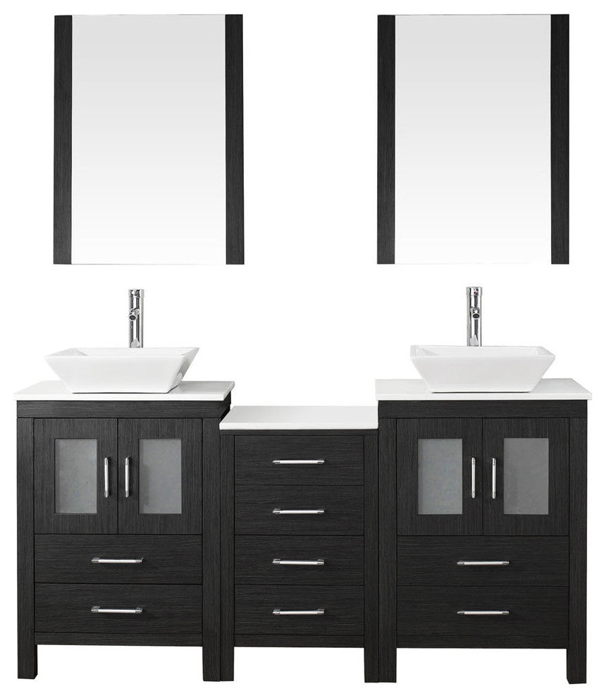 Virtu Dior 66" Double Bathroom Vanity, Zebra Gray With Faucet and Mirrors