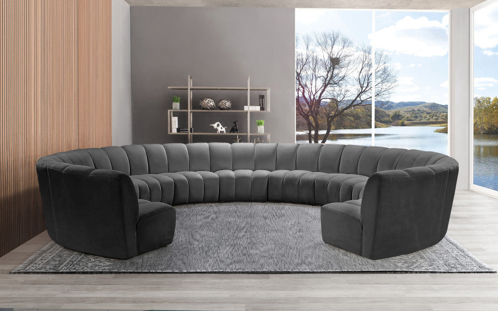 Infinity Channel Tufted Velvet Modular Chair, Gray, 11 Piece