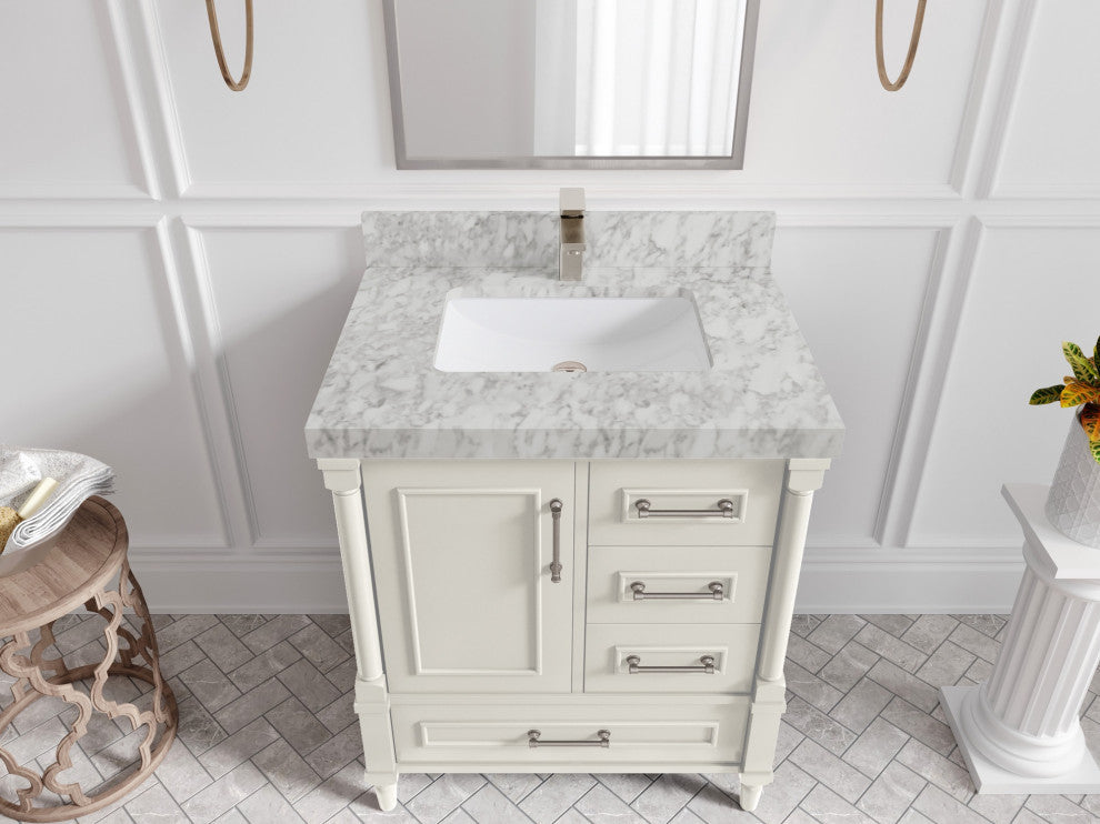 Aberdeen 30" Single Sink Bath Vanity, Alabaster 2" Carrara Marble