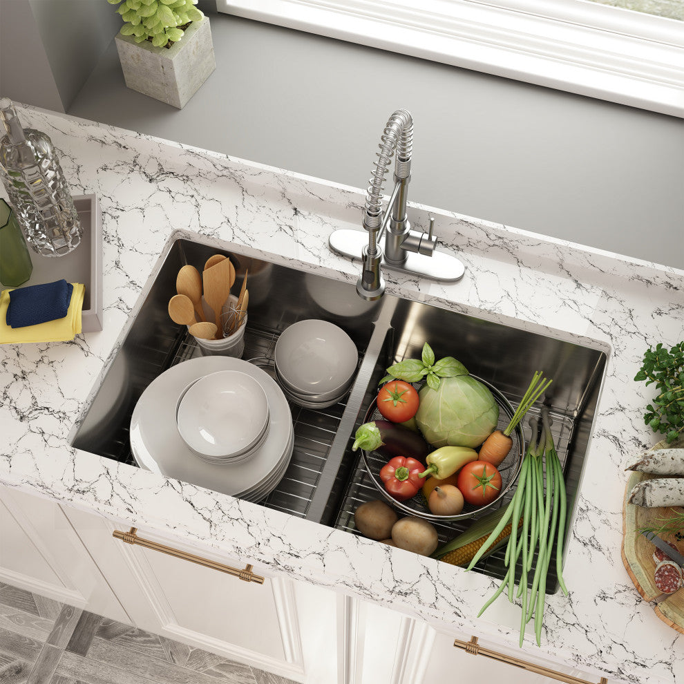 Stainless Steel Undermount Double Bowl Kitchen Sink with Accessories