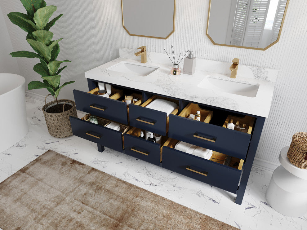 Parker 60 Double Bathroom Vanity Navy Blue 2" White Quartz