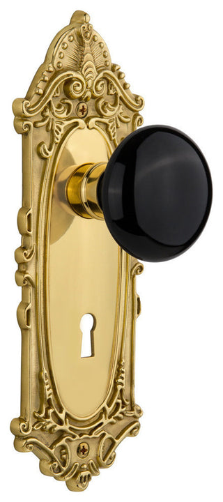 Double Victorian Plate With Black Porcelain Knob, Unlacquered Brass