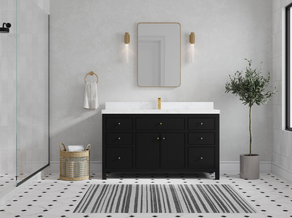 Sonoma 60 Single Sink Reeded Bathroom Vanity in Black 2" Empira White