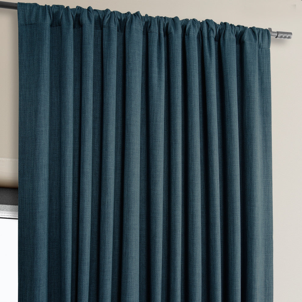 Faux Linen Extra Wide Room Darkening Curtain Single Panel, Story Blue, 100wx108l