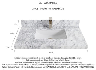Aberdeen 36 Center Sink Bath Vanity in White 2" Carrara Marble