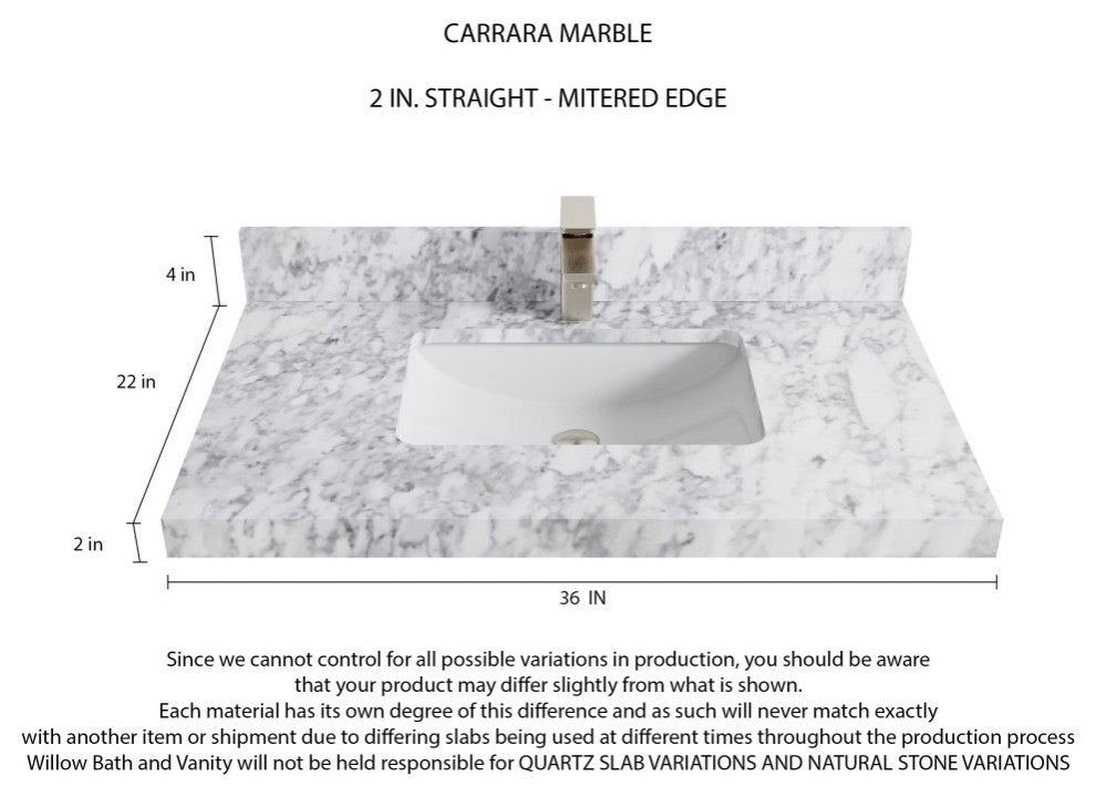 Aberdeen 36 Center Sink Bath Vanity in White 2" Carrara Marble