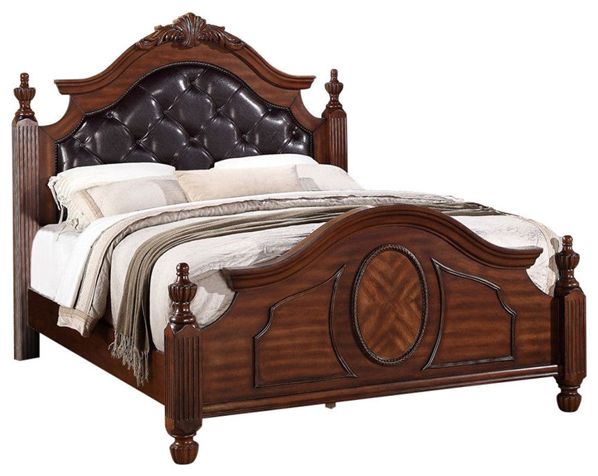 Benzara BM168583 Transitional Wooden E.King Bed With PU HB Floral Design, Finish