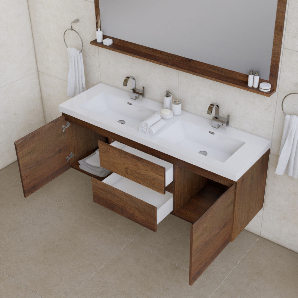 Paterno 60" Double Wall Mounted Bathroom Vanity, Rosewood