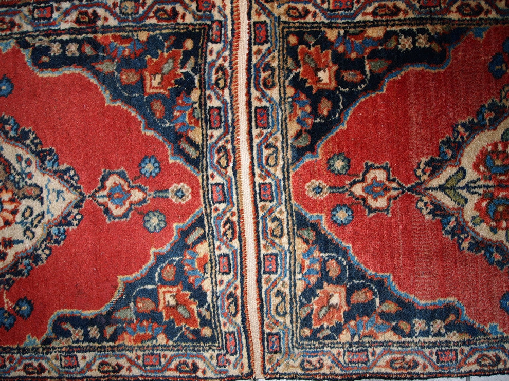 Handmade antique collectible Persian Tabriz double mat rug 1.7' x 4.7' ( 52cm x