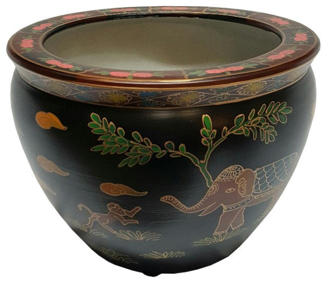 Chinese Black Lacquer Planter Indian Elephant Design 14" W