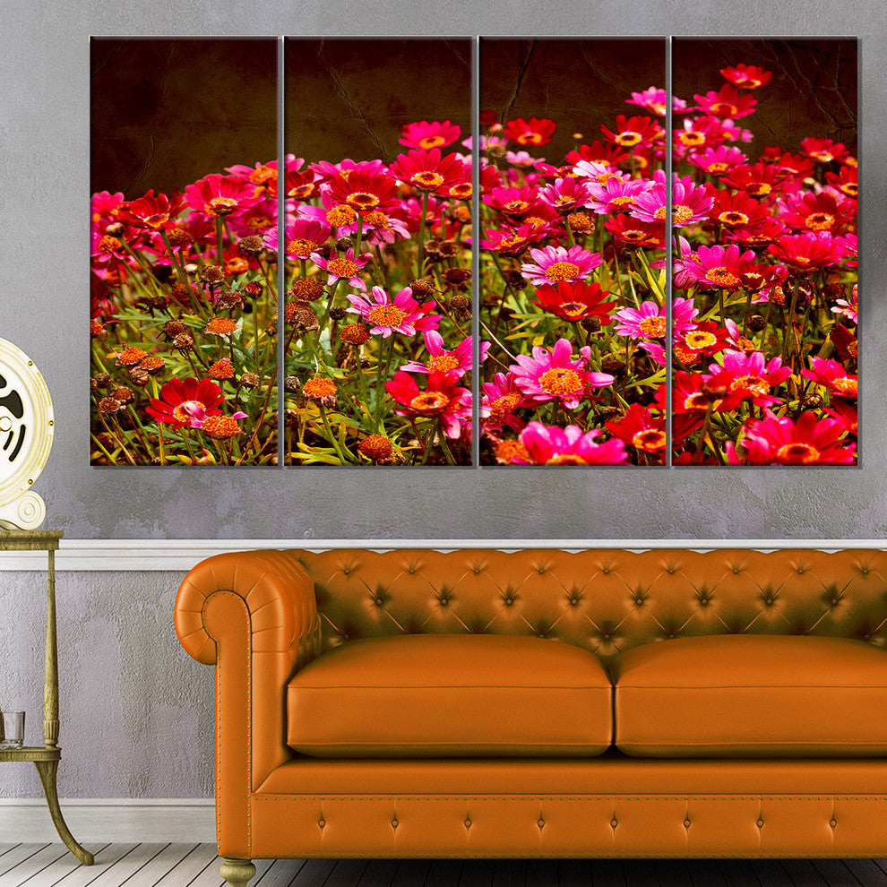 Small Red Flowers in Spring Photo, Floral Canvas Artwork, 48"x28", 4 Panels
